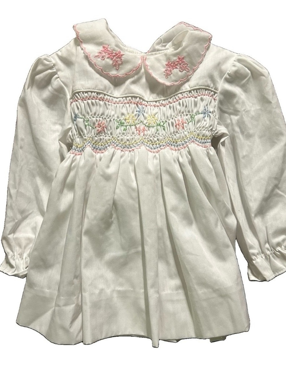 Vintage Baby Girl Polly Flinders White Smocked Dress Size 12 Months